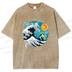 Unisex Van Gogh Style Sea Wave Vintage Printed Washed Tee