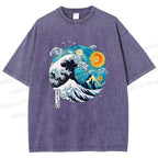 Unisex Van Gogh Style Sea Wave Vintage Printed Washed Tee