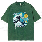 Unisex Van Gogh Style Sea Wave Vintage Printed Washed Tee