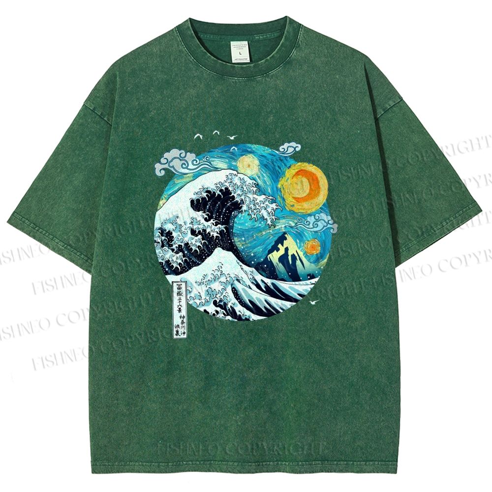 Unisex Van Gogh Style Sea Wave Vintage Printed Washed Tee