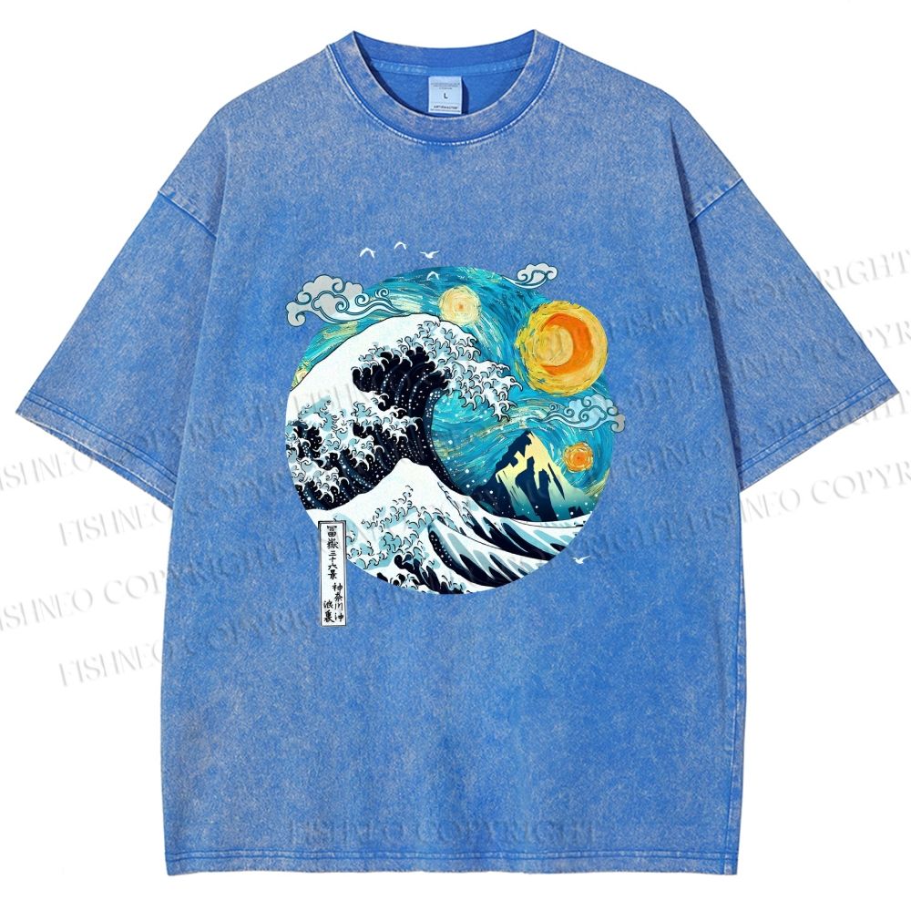 Unisex Van Gogh Style Sea Wave Vintage Printed Washed Tee