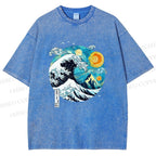 Unisex Van Gogh Style Sea Wave Vintage Printed Washed Tee