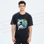 Unisex Van Gogh Style Sea Wave Vintage Printed Washed Tee