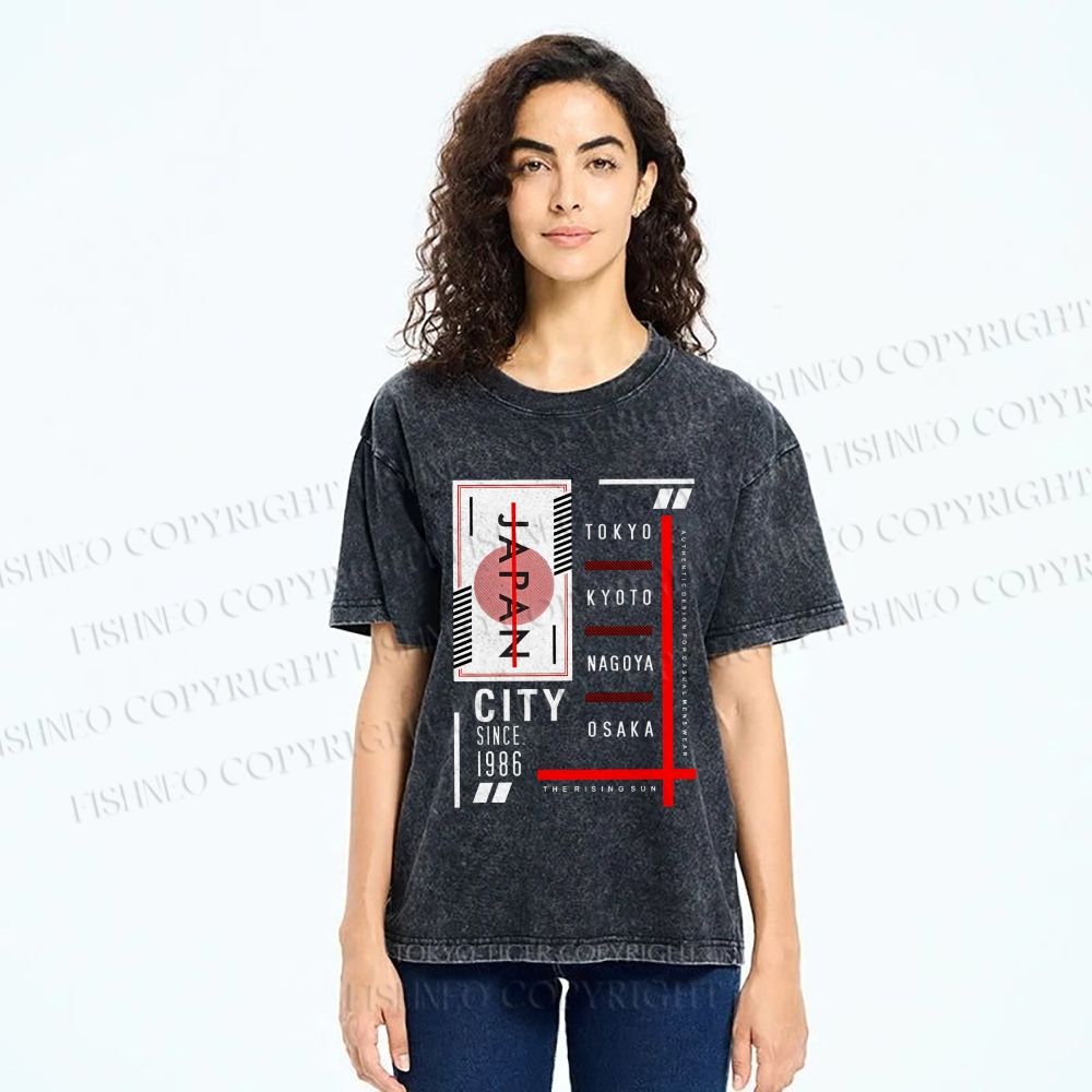Unisex Japan City Printed Washed Tee