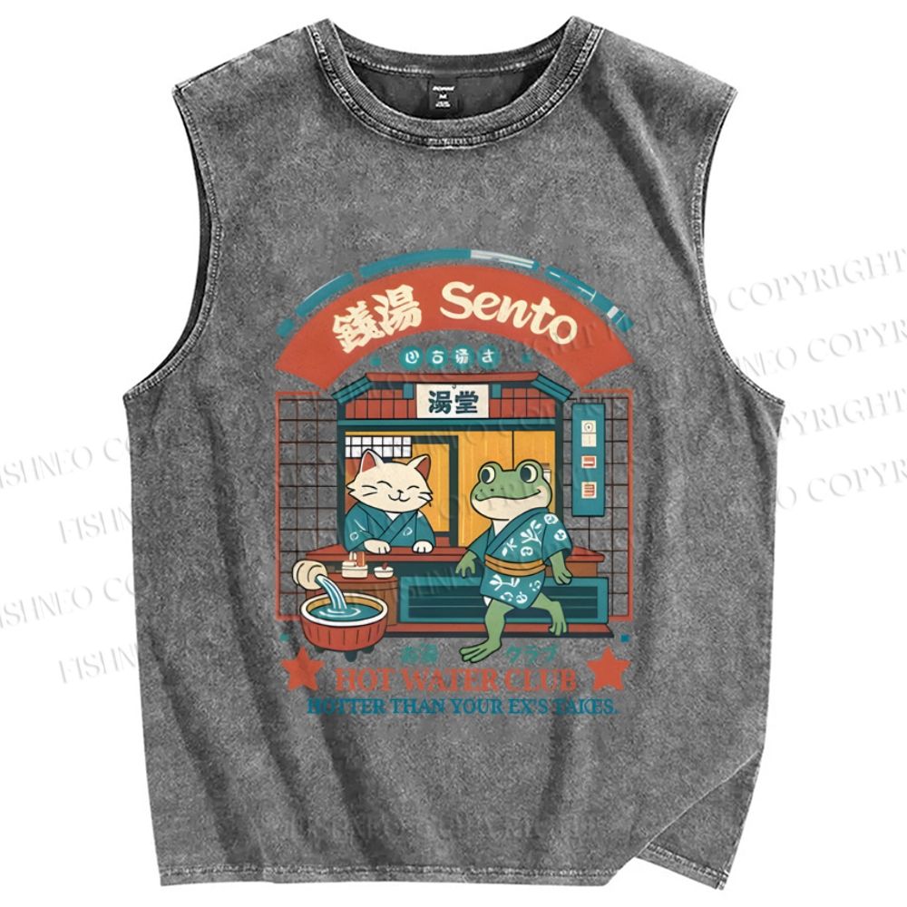 Unisex Japanese Cat Frog Hot Water Club Printed Washed Tank Top