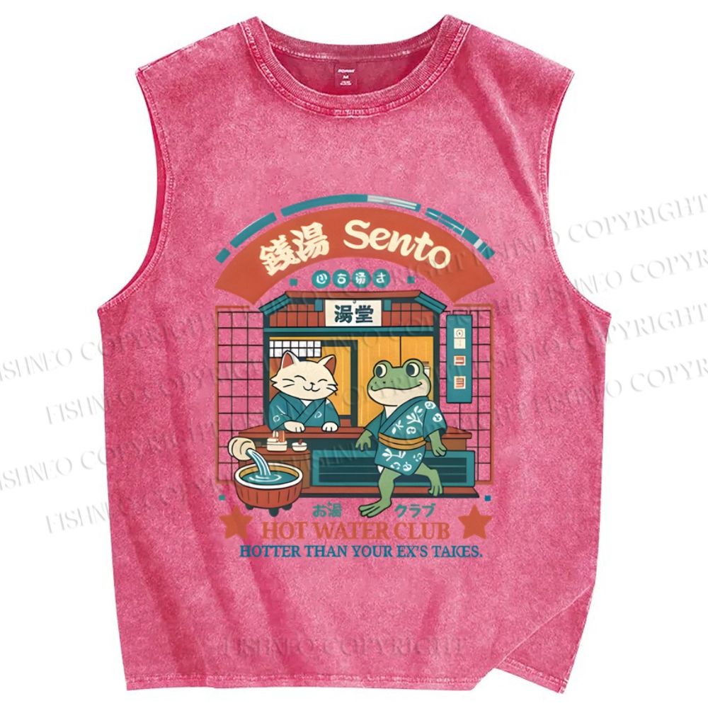 Unisex Japanese Cat Frog Hot Water Club Printed Washed Tank Top