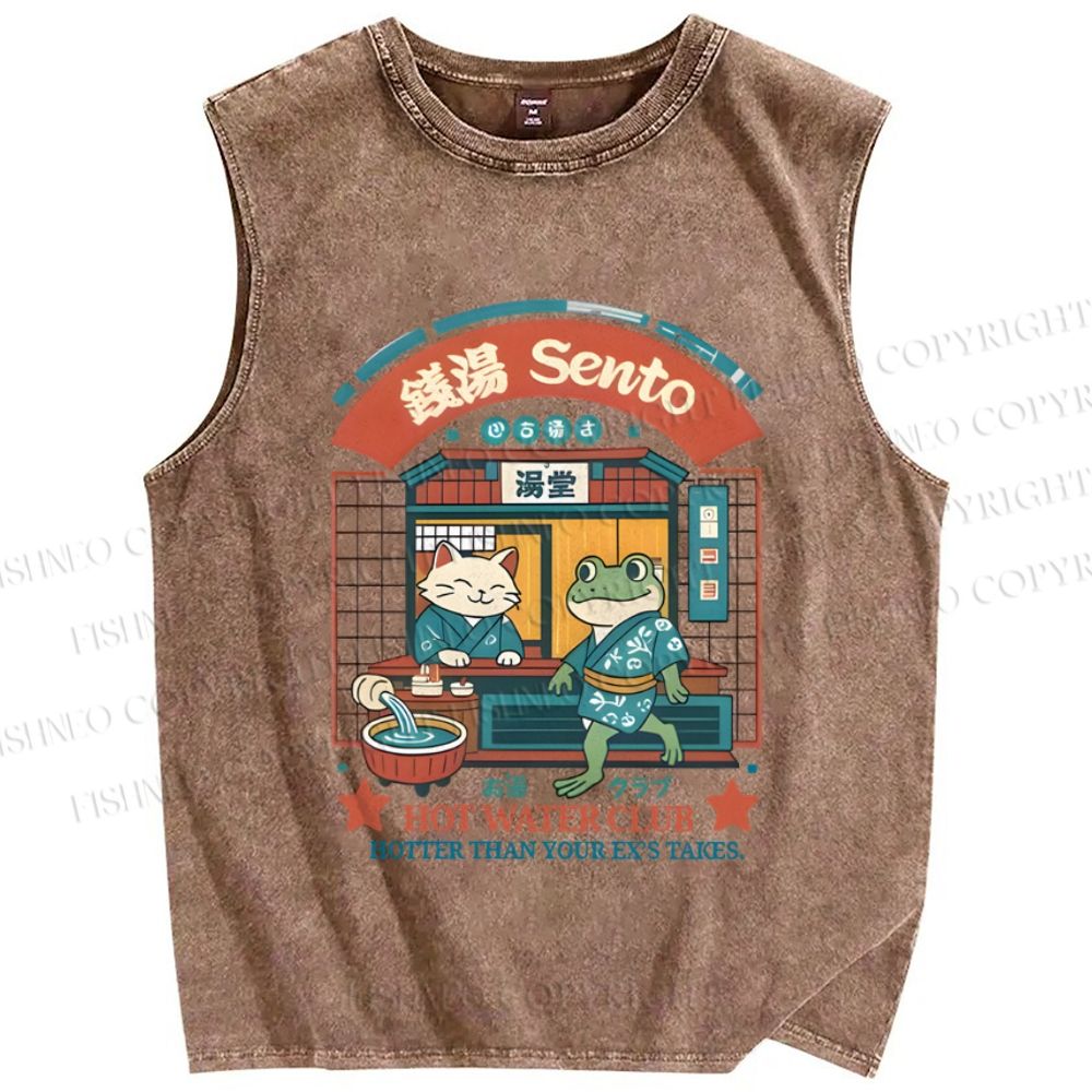 Unisex Japanese Cat Frog Hot Water Club Printed Washed Tank Top