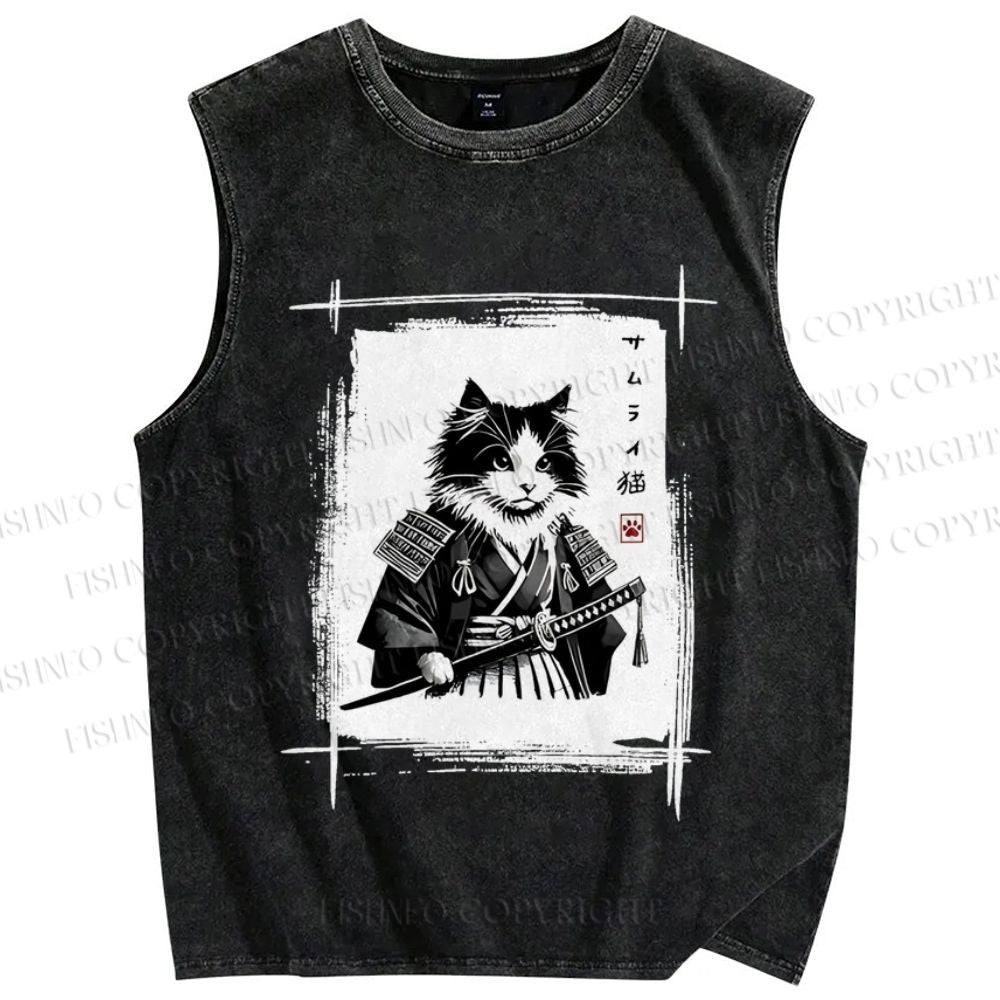 Unisex Vintage Japanese Cat Samurai Printed Washed Tank Top