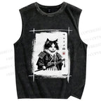 Unisex Vintage Japanese Cat Samurai Printed Washed Tank Top