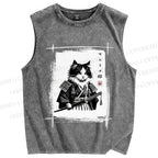 Unisex Vintage Japanese Cat Samurai Printed Washed Tank Top