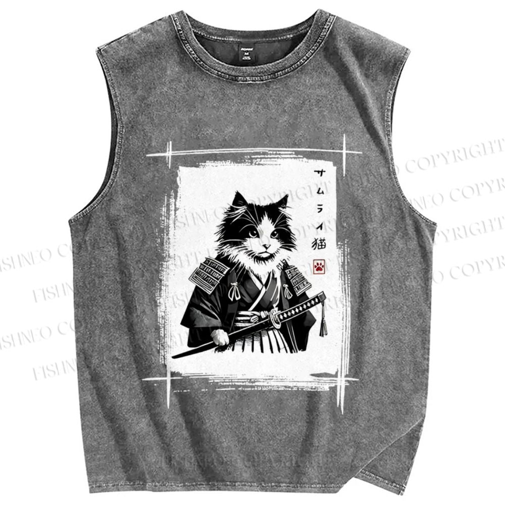 Unisex Vintage Japanese Cat Samurai Printed Washed Tank Top