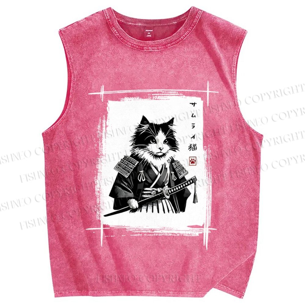 Unisex Vintage Japanese Cat Samurai Printed Washed Tank Top