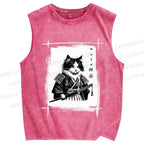 Unisex Vintage Japanese Cat Samurai Printed Washed Tank Top