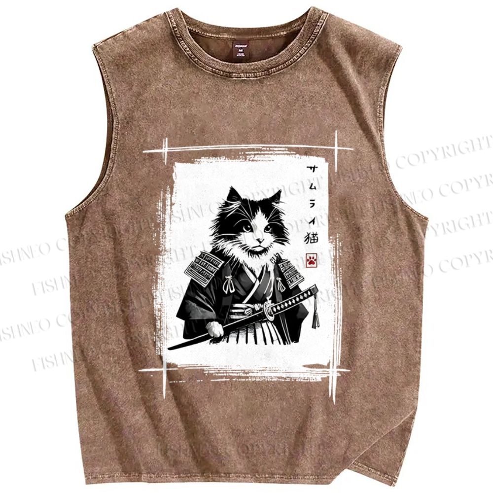 Unisex Vintage Japanese Cat Samurai Printed Washed Tank Top