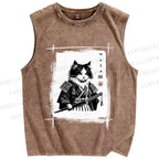 Unisex Vintage Japanese Cat Samurai Printed Washed Tank Top