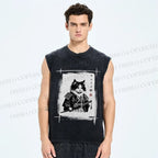 Unisex Vintage Japanese Cat Samurai Printed Washed Tank Top