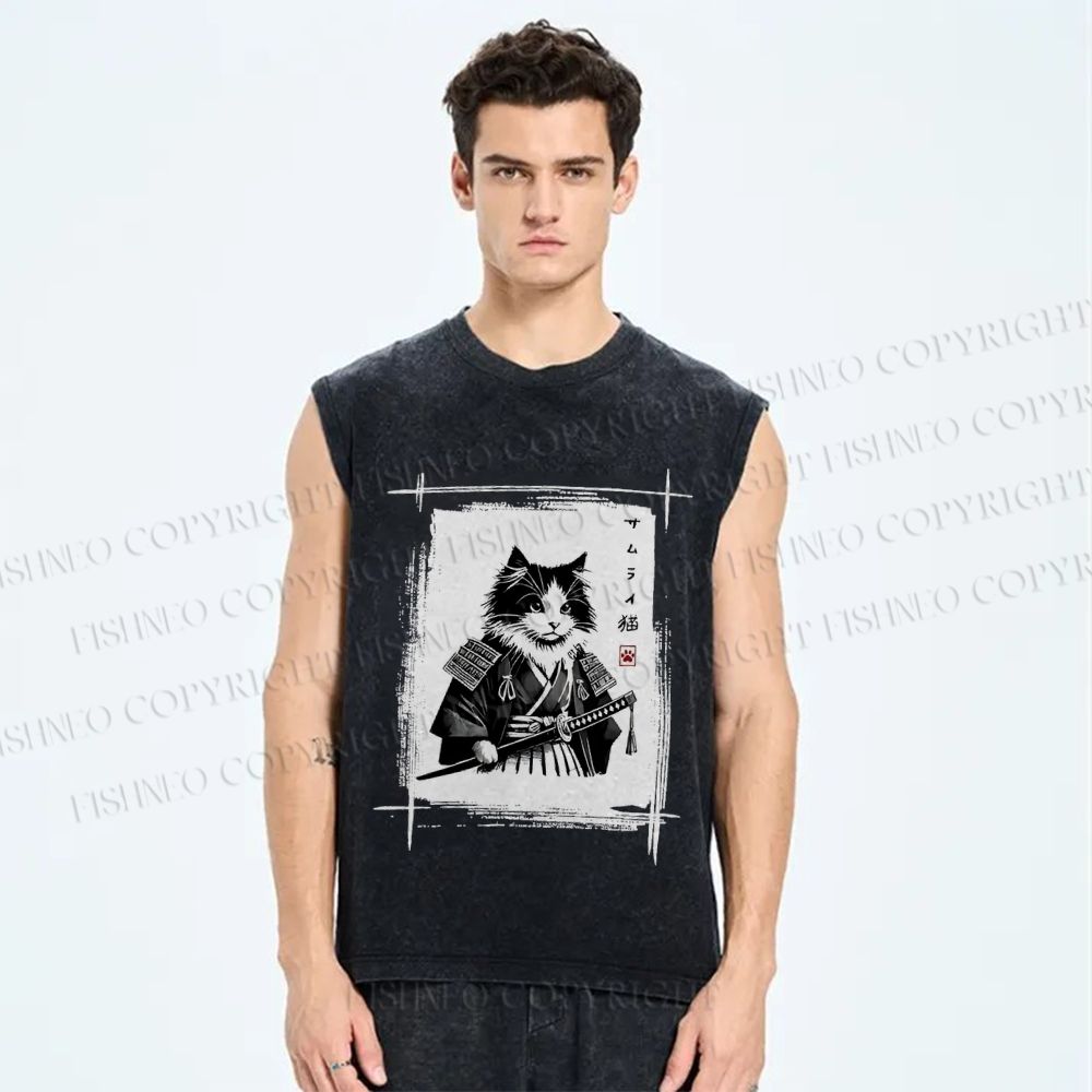 Unisex Vintage Japanese Cat Samurai Printed Washed Tank Top