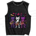 Unisex Cartoon Cat Band Printed Washed Tank Top