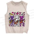 Unisex Cartoon Cat Band Printed Washed Tank Top
