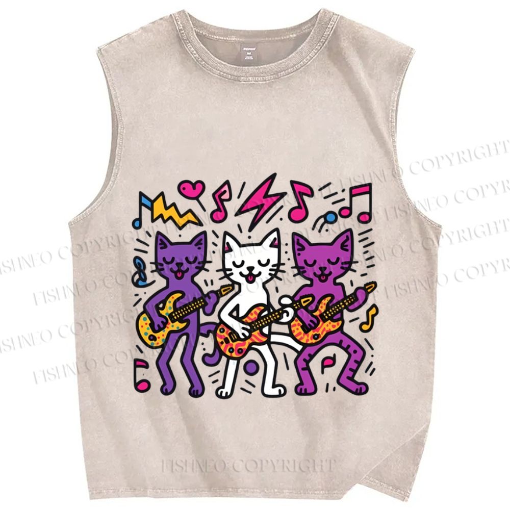 Unisex Cartoon Cat Band Printed Washed Tank Top