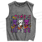 Unisex Cartoon Cat Band Printed Washed Tank Top