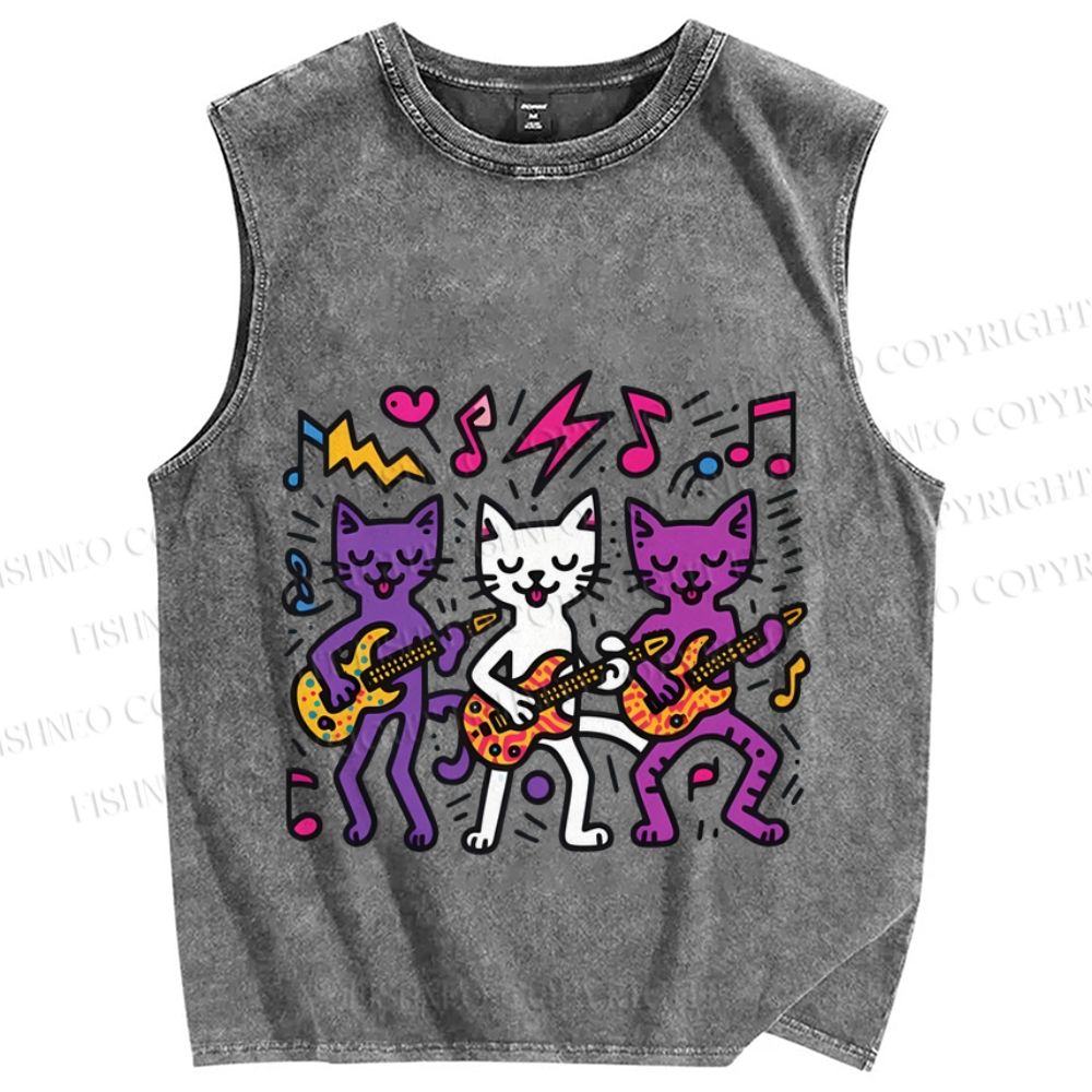 Unisex Cartoon Cat Band Printed Washed Tank Top