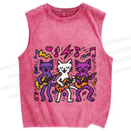 Unisex Cartoon Cat Band Printed Washed Tank Top
