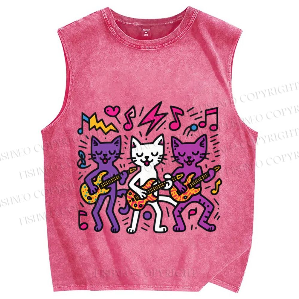 Unisex Cartoon Cat Band Printed Washed Tank Top