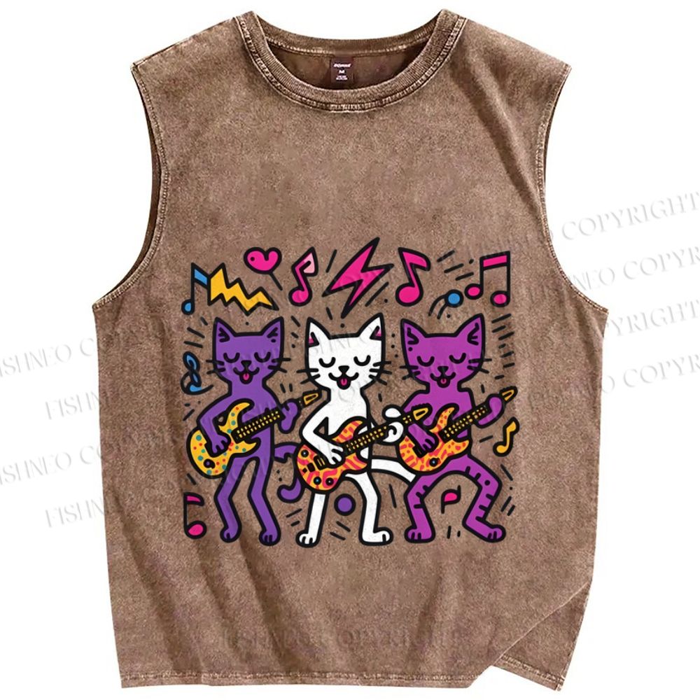 Unisex Cartoon Cat Band Printed Washed Tank Top