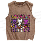 Unisex Cartoon Cat Band Printed Washed Tank Top
