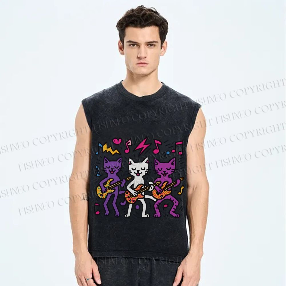 Unisex Cartoon Cat Band Printed Washed Tank Top