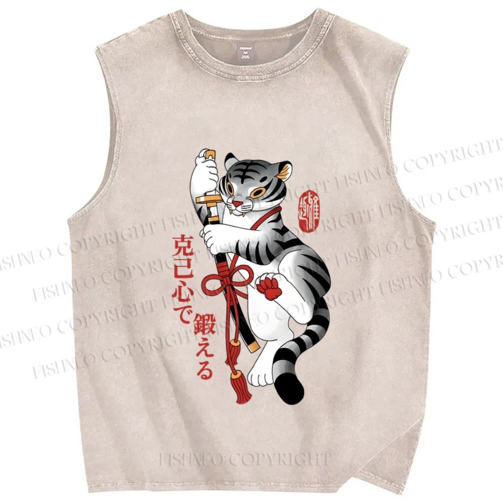 Unisex Japanese Tiger Samurai Ninja Printed Washed Tank Top
