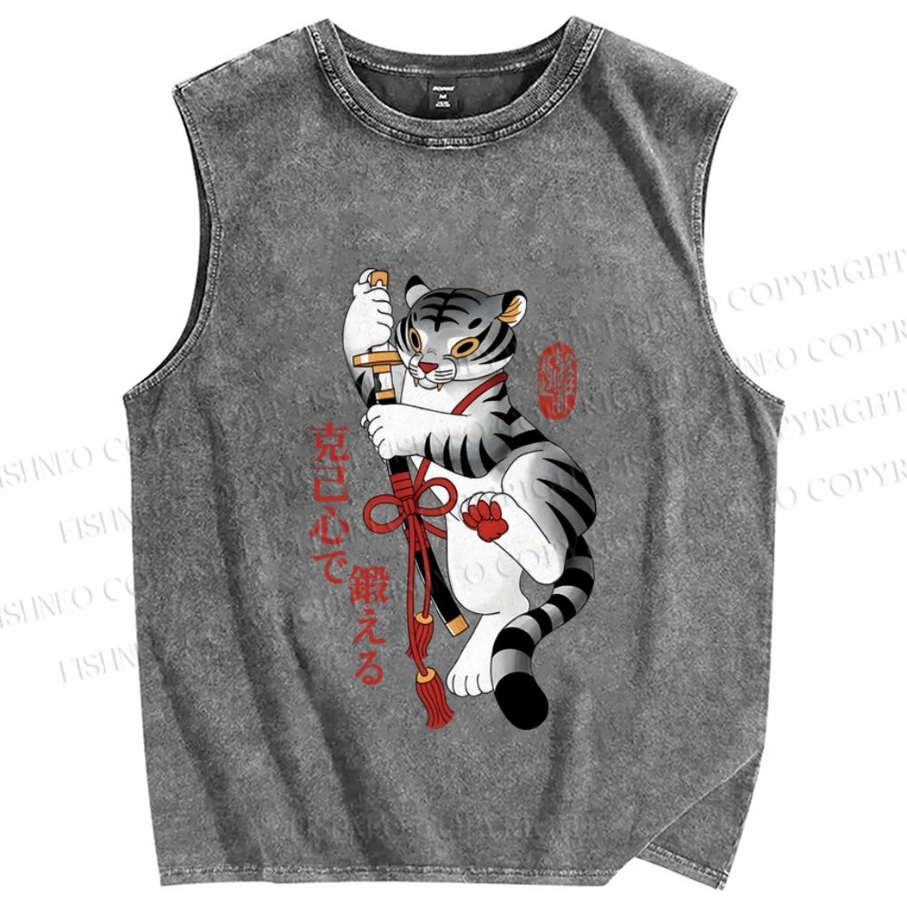 Unisex Japanese Tiger Samurai Ninja Printed Washed Tank Top