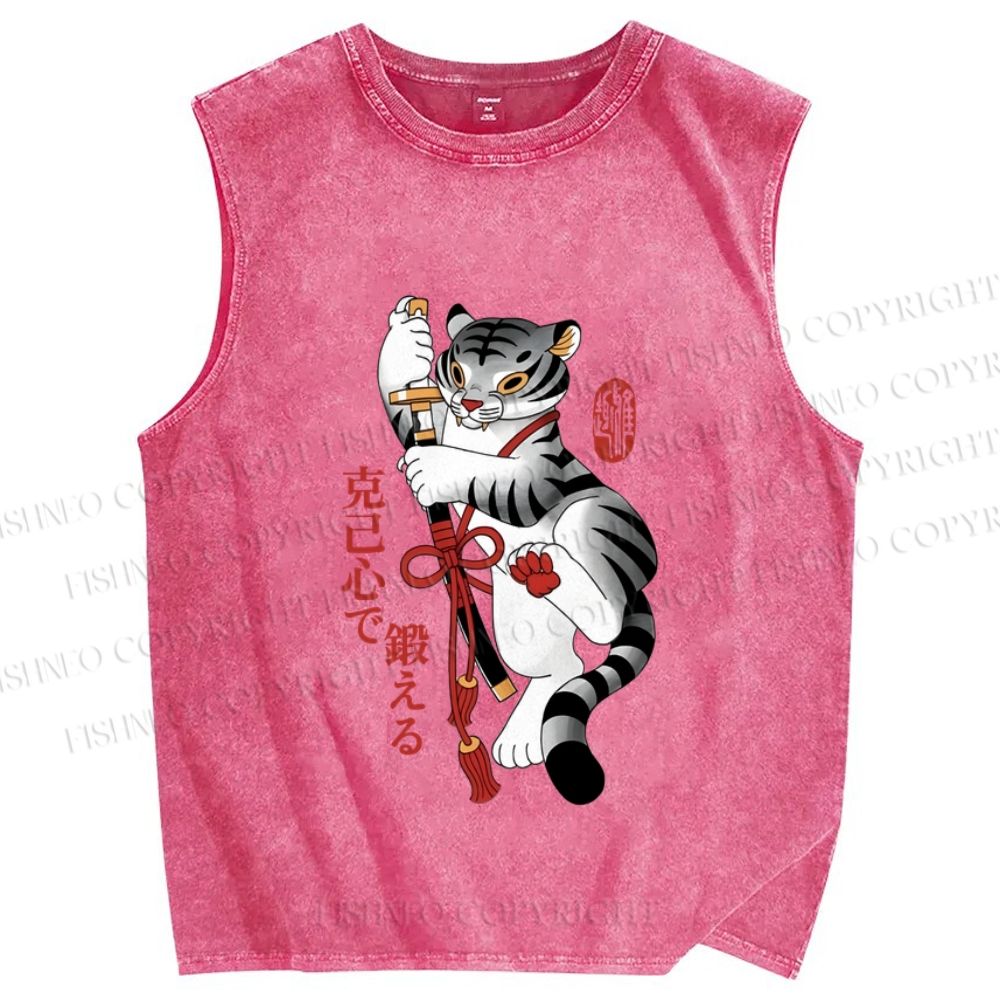 Unisex Japanese Tiger Samurai Ninja Printed Washed Tank Top