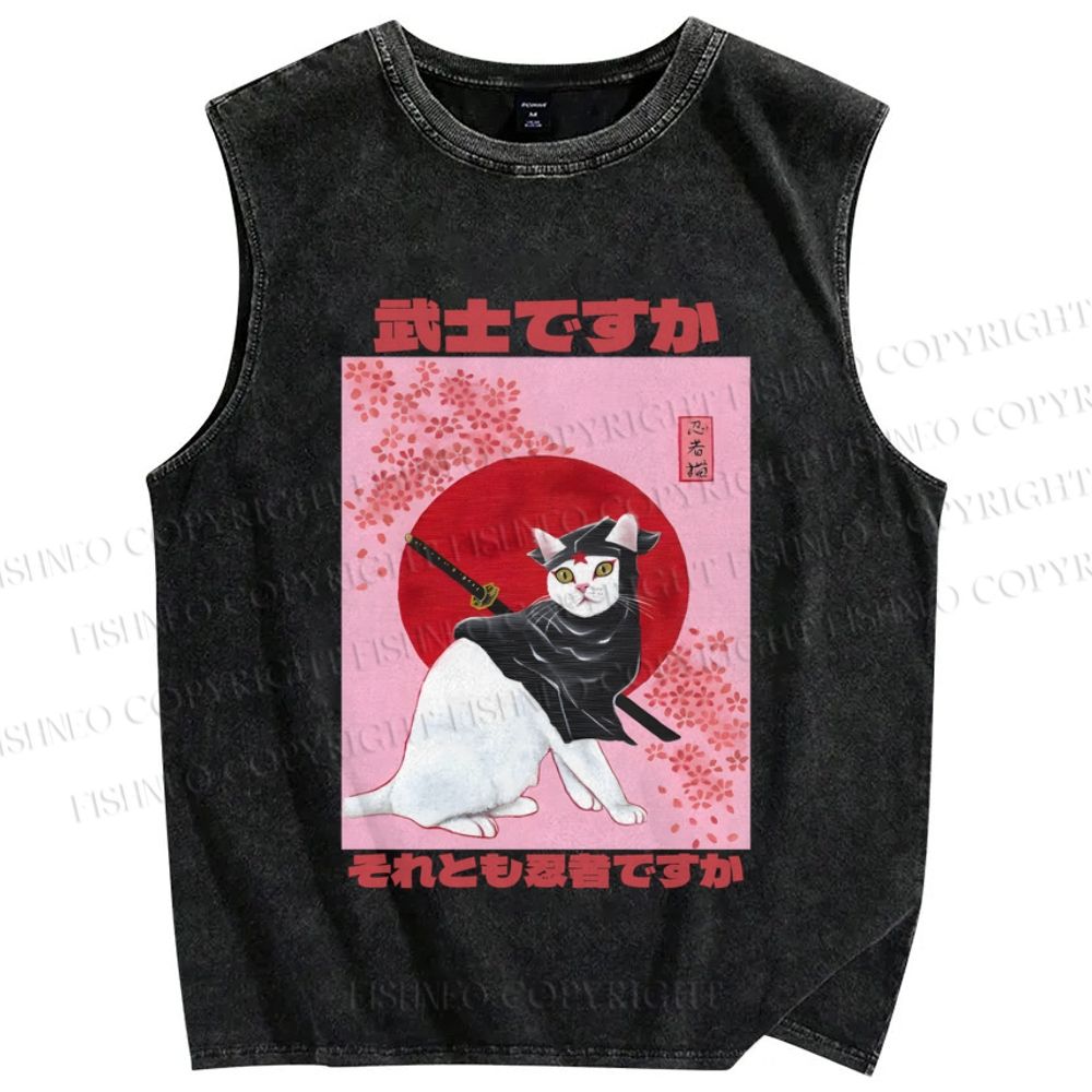 Unisex  Japanese Cat Samurai Ninja Printed Washed Tank Top