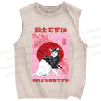 Unisex  Japanese Cat Samurai Ninja Printed Washed Tank Top