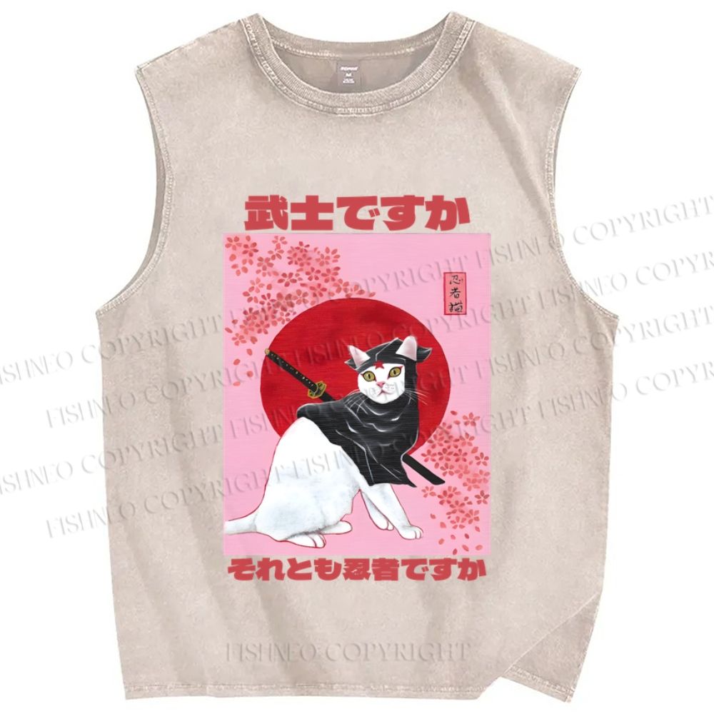 Unisex  Japanese Cat Samurai Ninja Printed Washed Tank Top