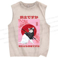 Unisex  Japanese Cat Samurai Ninja Printed Washed Tank Top
