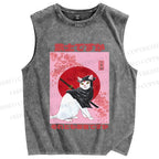 Unisex  Japanese Cat Samurai Ninja Printed Washed Tank Top