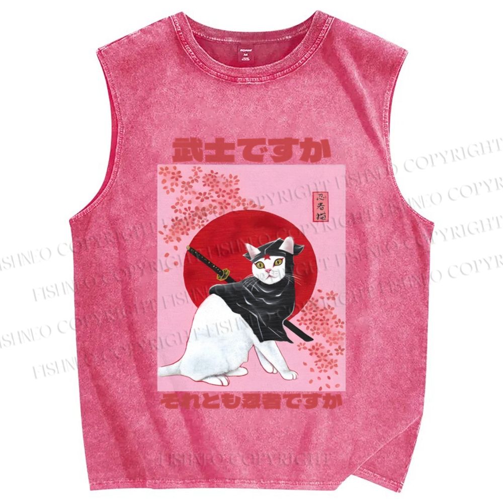 Unisex  Japanese Cat Samurai Ninja Printed Washed Tank Top