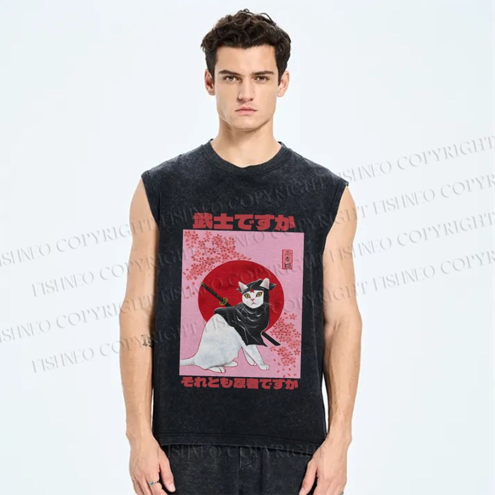 Unisex  Japanese Cat Samurai Ninja Printed Washed Tank Top