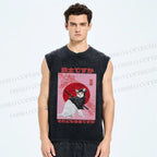 Unisex  Japanese Cat Samurai Ninja Printed Washed Tank Top