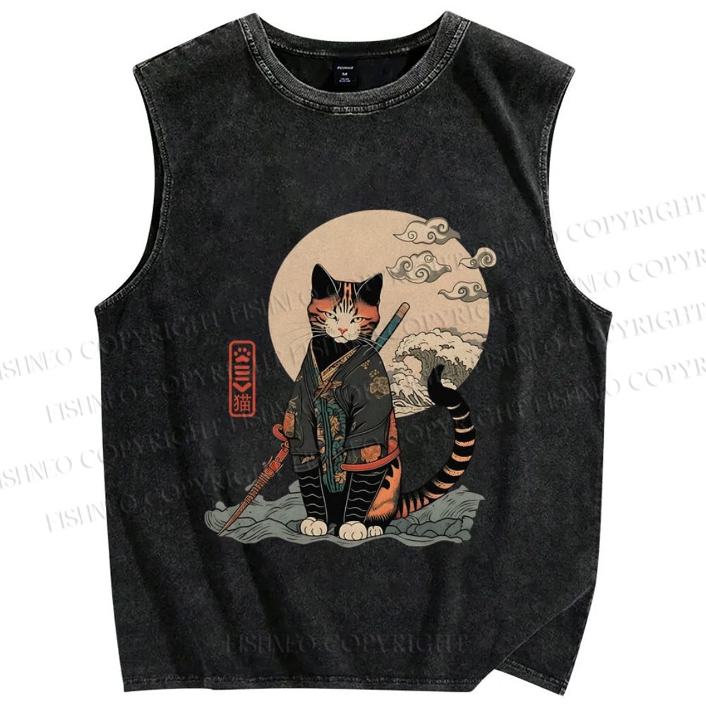 Unisex Japanese Vintage Cat Samurai Printed Washed Tank Top