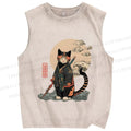 Unisex Japanese Vintage Cat Samurai Printed Washed Tank Top