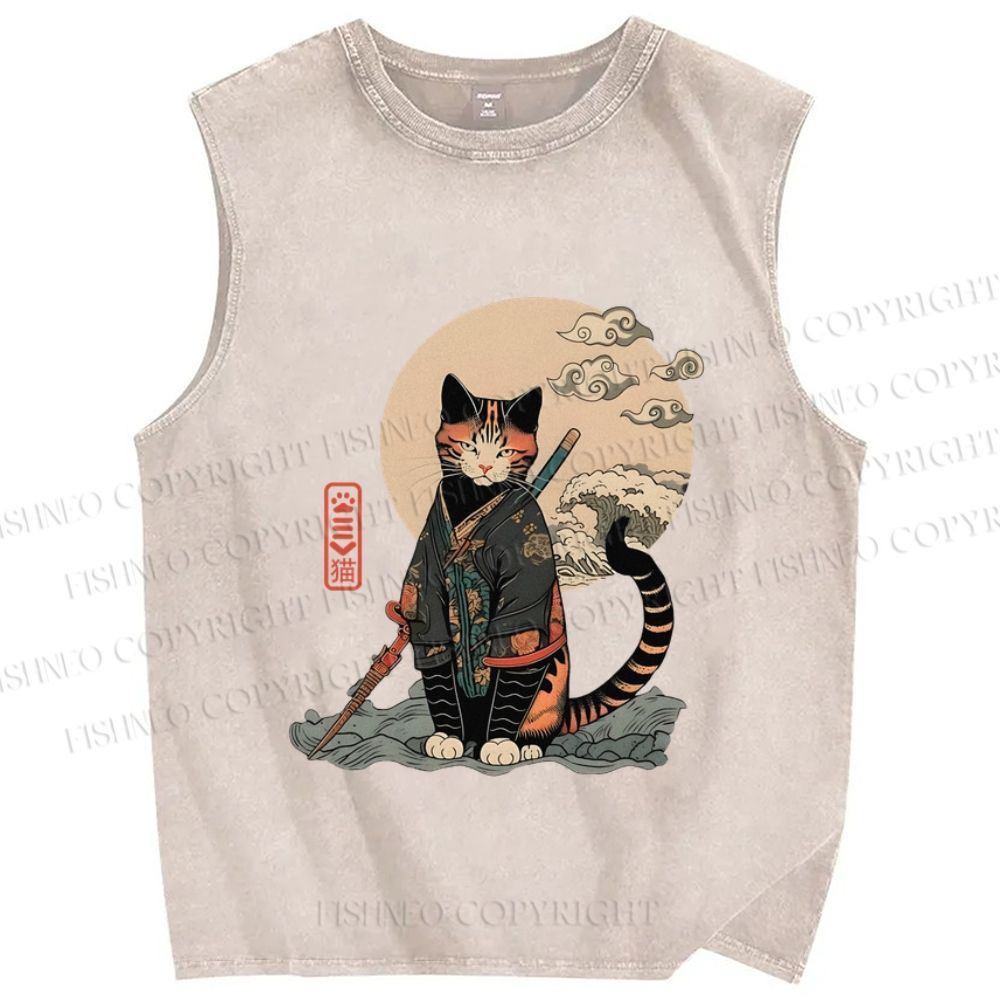 Unisex Japanese Vintage Cat Samurai Printed Washed Tank Top