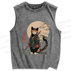 Unisex Japanese Vintage Cat Samurai Printed Washed Tank Top