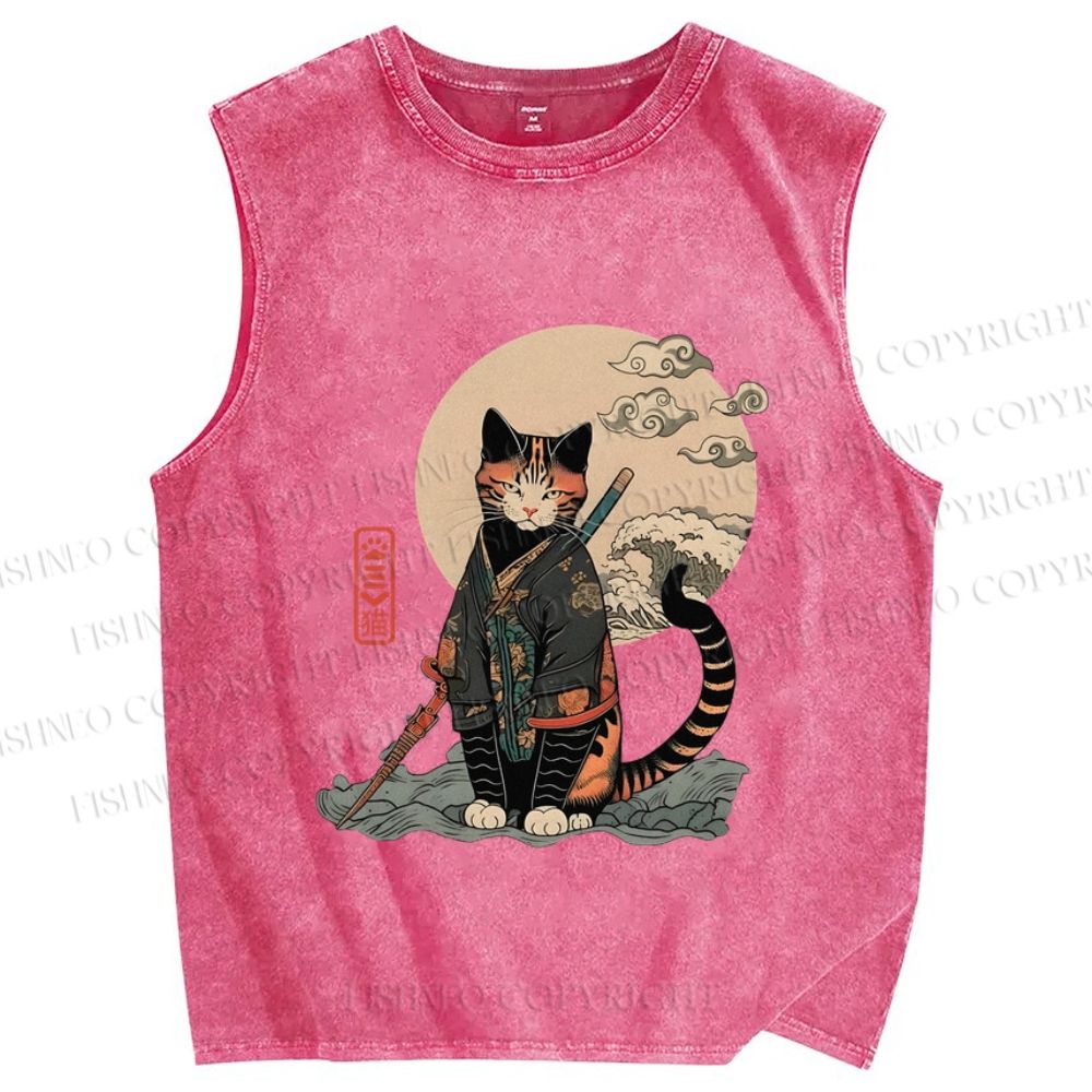Unisex Japanese Vintage Cat Samurai Printed Washed Tank Top