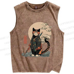 Unisex Japanese Vintage Cat Samurai Printed Washed Tank Top
