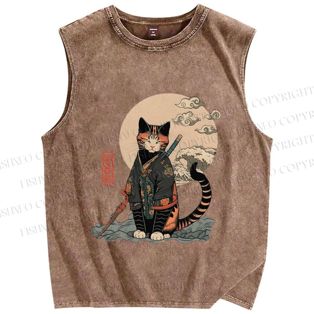 Unisex Japanese Vintage Cat Samurai Printed Washed Tank Top