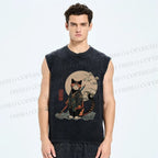 Unisex Japanese Vintage Cat Samurai Printed Washed Tank Top